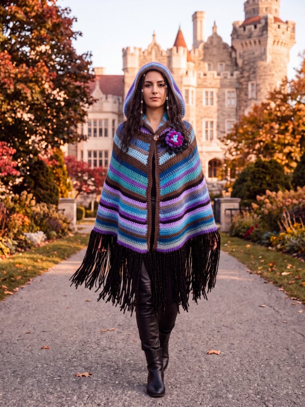Multicolor Crochet Hooded Poncho Cape with Fringe